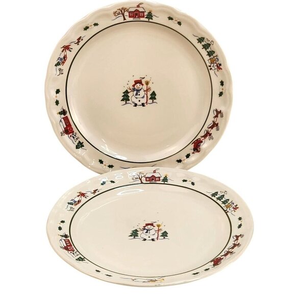 Pfaltzgraff Snow Village Winter Holiday 11 in Plates Set Of 2 With Snowman Scene - Picture 1 of 9